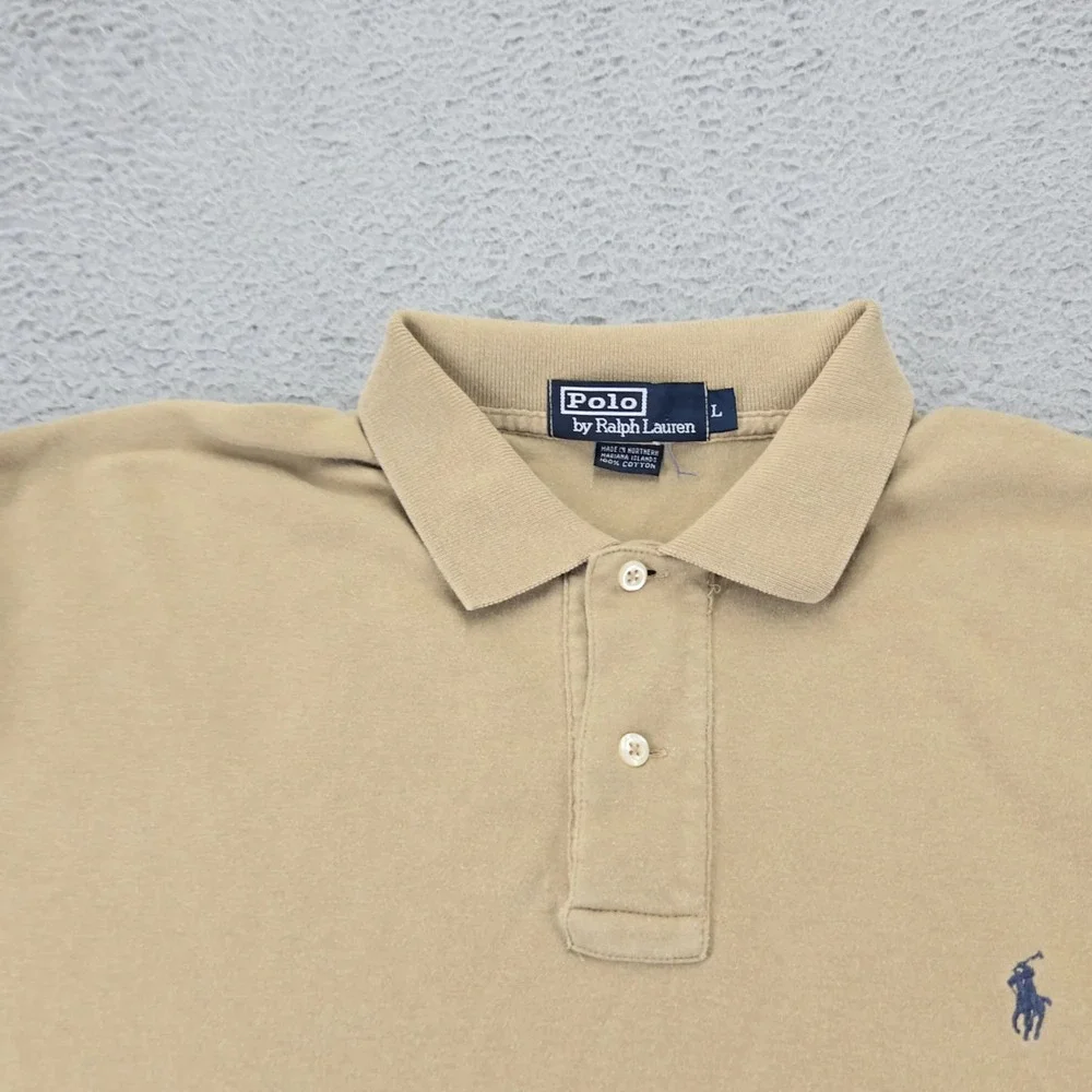 Polo By Ralph Lauren Shirt Mens Large Tan Vintage USA‎ Short Sleeve Blue Pony